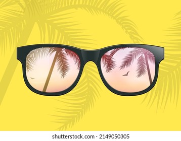 Hello summer fun background concept. Vector sunglass beach palm vacation design illustration