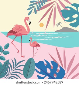 Hello Summer fun concept design, abstract illustration with jungle exotic leaves, colorful design, summer background and flamengo bird