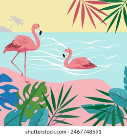 Hello Summer fun concept design, abstract illustration with jungle exotic leaves, colorful design, summer background and flamengo bird