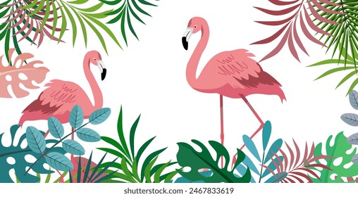 Hello Summer fun concept design, abstract illustration with jungle exotic leaves, colorful design, summer background and flamengo bird