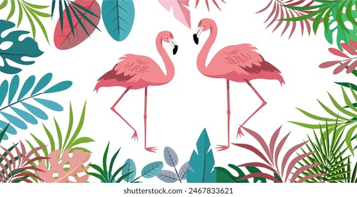 Hello Summer fun concept design, abstract illustration with jungle exotic leaves, colorful design, summer background and flamengo bird