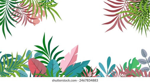 Hello Summer fun concept design, abstract illustration with jungle exotic leaves, colorful design, summer background