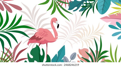 Hello Summer fun concept design, abstract illustration with jungle exotic leaves, colorful design, summer background and flamengo bird. summer tropical green leaves vector