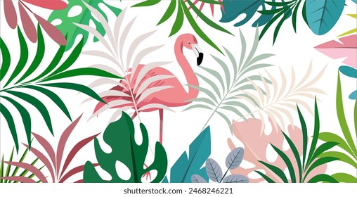 Hola diseño de concepto divertido de verano, ilustración abstracta con hojas exóticas de la selva, diseño colorido, fondo de verano y pájaro flamenco. verano hojas verdes tropicales Vector