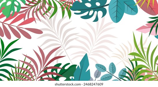 Hallo Sommerspaß Konzeptdesign, abstrakte Illustration mit Dschungel exotischen Blättern, buntes Design, Sommerhintergrund. Sommer tropische grüne Blätter Vektorgrafik 