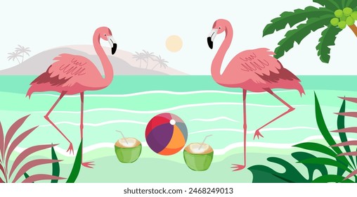 Hello Summer fun concept design, abstract illustration with jungle exotic leaves, colorful design, summer background and flamengo bird. summer tropical green leaves vector