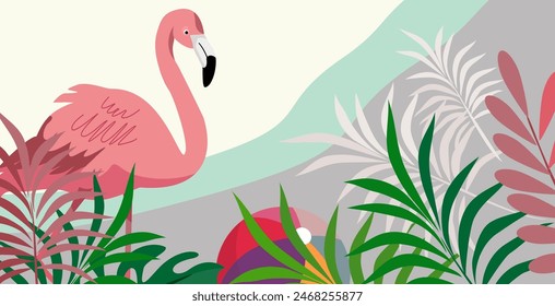 Hello Summer fun concept design, abstract illustration with jungle exotic leaves, colorful design, summer background and flamengo bird. summer tropical green leaves vector