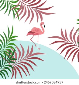 Hello summer fun concept design in flat style, abstract illustration with jungle exotic leaves, flamingo birds ,colorful design, summer background. summer banner illustration