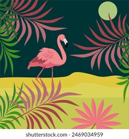 Hello summer fun concept design in flat style, abstract illustration with jungle exotic leaves, flamingo birds ,colorful design, summer background. summer banner illustration