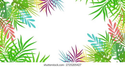 Hello Summer fun concept design, abstract illustration with jungle exotic leaves, colorful design, summer background