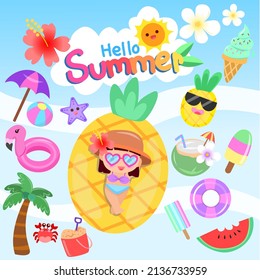 Hello Summer fun cute vector set for hot season 