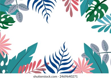
Hello summer fun design, summer panorama, abstract illustration with exotic leaf forest, colorful design, white background and summer banner