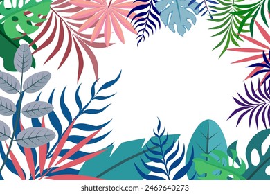 
Hello summer fun design, summer panorama, abstract illustration with exotic leaf forest, colorful design, white background and summer banner