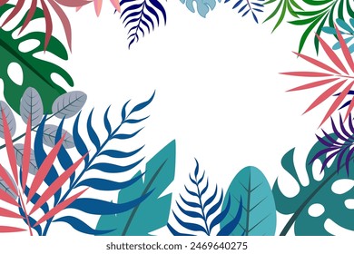 
Hallo Sommerspaß Design, Sommerpanorama, abstrakte Illustration mit exotischem Laubwald, buntes Design, weißer Hintergrund und sommerlicher Banner