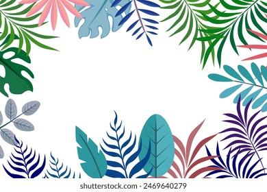 
Hello summer fun design, summer panorama, abstract illustration with exotic leaf forest, colorful design, white background and summer banner