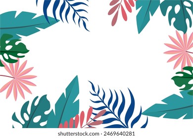 
Hello summer fun design, summer panorama, abstract illustration with exotic leaf forest, colorful design, white background and summer banner