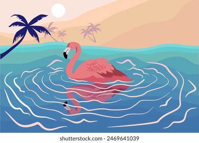 
Hello summer fun design, summer panorama, abstract illustration with jungle of exotic leaves, colorful design, with beach background, flamingo birds and summer banner
