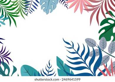 
Hello summer fun design, summer panorama, abstract illustration with exotic leaf forest, colorful design, on white background, and summer banner