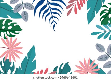 
Hola diseño divertido de verano, panorama de verano, ilustración abstracta con bosque de hojas exóticas, diseño colorido, sobre fondo blanco, y Anuncio de verano