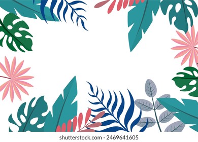 
Hello summer fun design, summer panorama, abstract illustration with exotic leaf forest, colorful design, on white background, and summer banner
