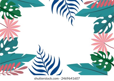 
Hallo Sommerspaß Design, Sommerpanorama, abstrakte Illustration mit exotischen Laubwald, buntes Design, auf weißem Hintergrund, und Sommerlicher Banner