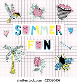 Hello Summer fun Poster with palm, rose, bird and other elements. Vector illustration