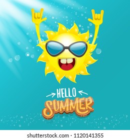 hello summer funky rock n roll vector label isolated on azure sky with lights. summer party background with funky sun character design template. vector summer party poster