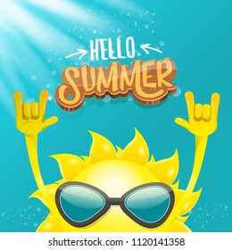 hello summer funky rock n roll vector label isolated on azure sky with lights. summer party background with funky sun character design template. vector summer party poster