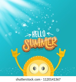 hello summer funky rock n roll vector label isolated on azure sky with lights. summer party background with funky sun character design template. vector summer party poster
