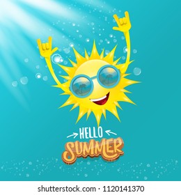 hello summer funky rock n roll vector label isolated on azure sky with lights. summer party background with funky sun character design template. vector summer party poster