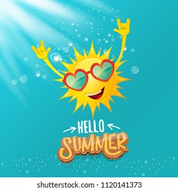 hello summer funky rock n roll vector label isolated on azure sky with lights. summer party background with funky sun character design template. vector summer party poster