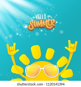 hello summer funky rock n roll vector label isolated on azure sky with lights. summer party background with funky sun character design template. vector summer party poster