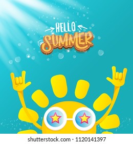 hello summer funky rock n roll vector label isolated on azure sky with lights. summer party background with funky sun character design template. vector summer party poster