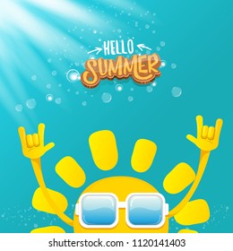 hello summer funky rock n roll vector label isolated on azure sky with lights. summer party background with funky sun character design template. vector summer party poster