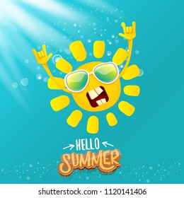 hello summer funky rock n roll vector label isolated on azure sky with lights. summer party background with funky sun character design template. vector summer party poster