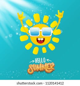 hello summer funky rock n roll vector label isolated on azure sky with lights. summer party background with funky sun character design template. vector summer party poster