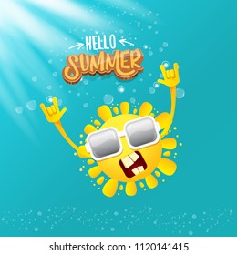 hello summer funky rock n roll vector label isolated on azure sky with lights. summer party background with funky sun character design template. vector summer party poster