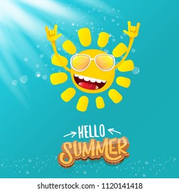 hello summer funky rock n roll vector label isolated on azure sky with lights. summer party background with funky sun character design template. vector summer party poster