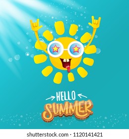 hello summer funky rock n roll vector label isolated on azure sky with lights. summer party background with funky sun character design template. vector summer party poster