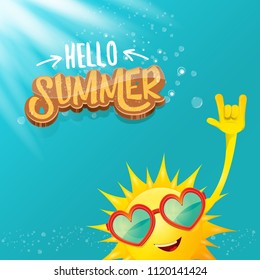 hello summer funky rock n roll vector label isolated on azure sky with lights. summer party background with funky sun character design template. vector summer party poster