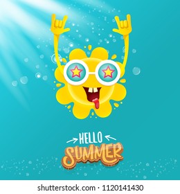 hello summer funky rock n roll vector label isolated on azure sky with lights. summer party background with funky sun character design template. vector summer party poster