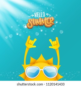 hello summer funky rock n roll vector label isolated on azure sky with lights. summer party background with funky sun character design template. vector summer party poster