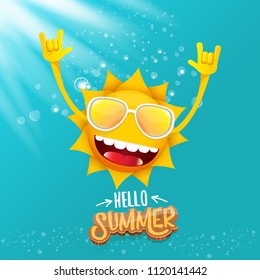 hello summer funky rock n roll vector label isolated on azure sky with lights. summer party background with funky sun character design template. vector summer party poster