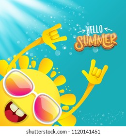 hello summer funky rock n roll vector label isolated on azure sky with lights. summer party background with funky sun character design template. vector summer party poster