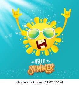 hello summer funky rock n roll vector label isolated on azure sky with lights. summer party background with funky sun character design template. vector summer party poster