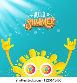 hello summer funky rock n roll vector label isolated on azure sky with lights. summer party background with funky sun character design template. vector summer party poster