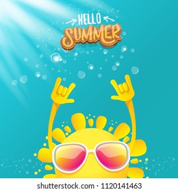 hello summer funky rock n roll vector label isolated on azure sky with lights. summer party background with funky sun character design template. vector summer party poster