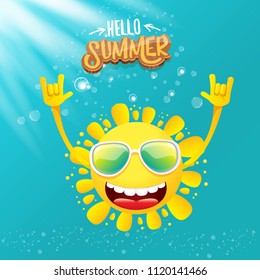 hello summer funky rock n roll vector label isolated on azure sky with lights. summer party background with funky sun character design template. vector summer party poster