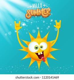 hello summer funky rock n roll vector label isolated on azure sky with lights. summer party background with funky sun character design template. vector summer party poster