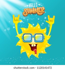 hello summer funky rock n roll vector label isolated on azure sky with lights. summer party background with funky sun character design template. vector summer party poster